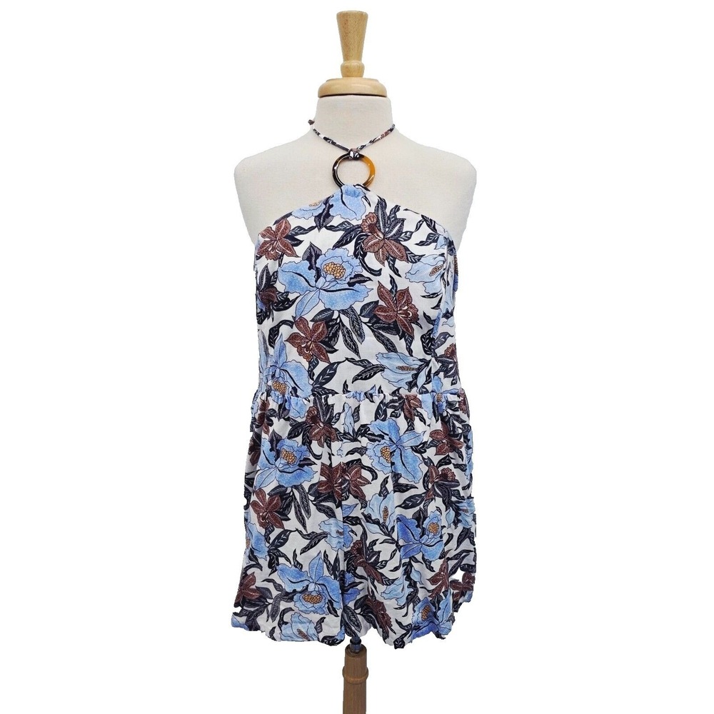 Blue‎ Brown Floral Halter Neck Romper Linen Blend Summer Vacation Womens 2X